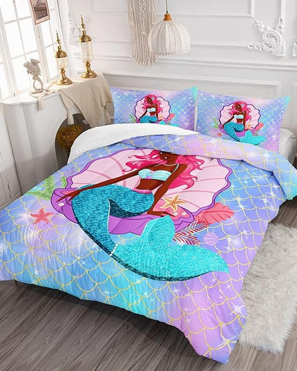 Datura home Bedding Comforter Set Black Girl Magic Mermaid Printed Pattern Quilt with 1 and 2 Pillowcases for Girls Bedroom All Season(Black Blue Queen) Queen 90x90inches - LeafyLoom