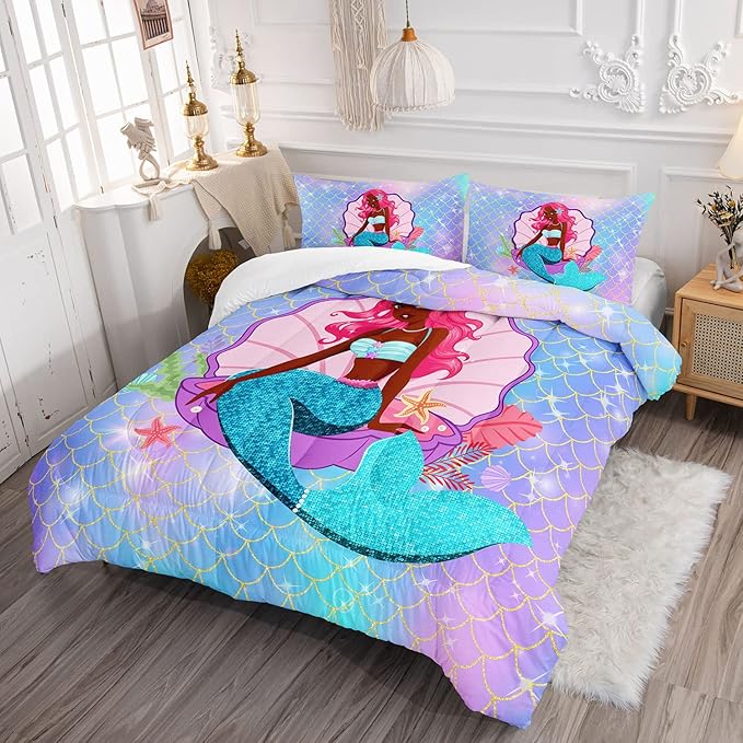 Datura home Bedding Comforter Set Black Girl Magic Mermaid Printed Pattern Quilt with 1 and 2 Pillowcases for Girls Bedroom All Season(Black Blue Queen) Queen 90x90inches - LeafyLoom