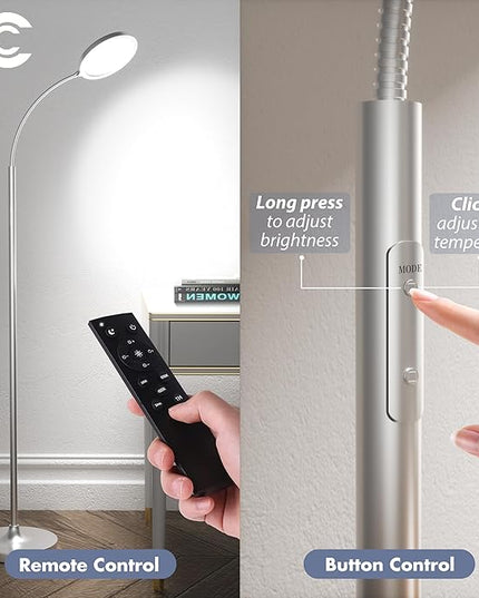 Silver Floor Lamp,Super Bright Dimmable LED Floor Lamps for Living Room, Custom Color Temperature Standing Lamp with Remote Push Button, Adjustable Gooseneck Reading Floor Lamp for Bedroom Office - LeafyLoom