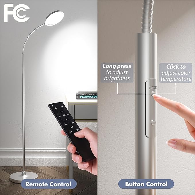 Silver Floor Lamp,Super Bright Dimmable LED Floor Lamps for Living Room, Custom Color Temperature Standing Lamp with Remote Push Button, Adjustable Gooseneck Reading Floor Lamp for Bedroom Office - LeafyLoom