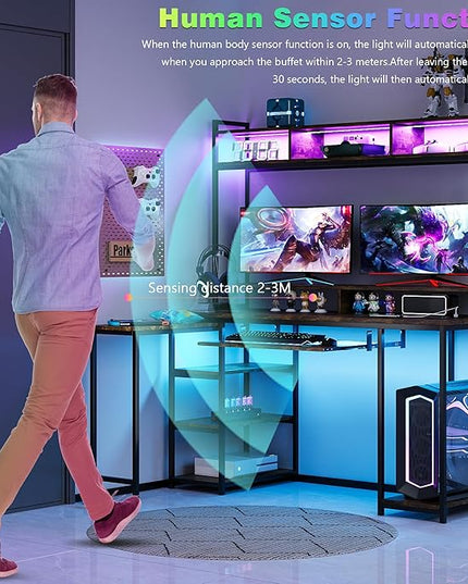 Lvifur RGB Gaming Desk with Wireless Charging Station,7 Dynamic & 24 Static Dimmable Computer Desk with Movable Table, 55'' Home Office Small Desk with Keyboard Tray,Monitor Stand,Display Stand - LeafyLoom