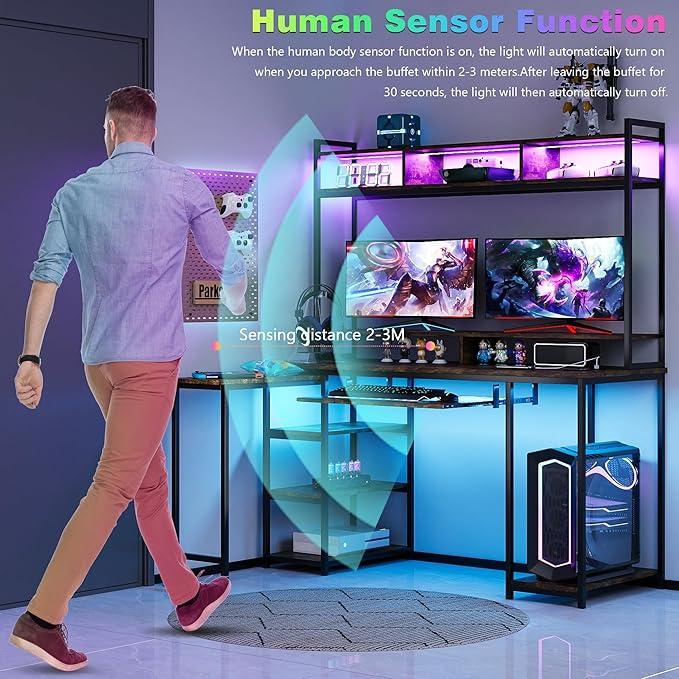 Lvifur RGB Gaming Desk with Wireless Charging Station,7 Dynamic & 24 Static Dimmable Computer Desk with Movable Table, 55'' Home Office Small Desk with Keyboard Tray,Monitor Stand,Display Stand - LeafyLoom