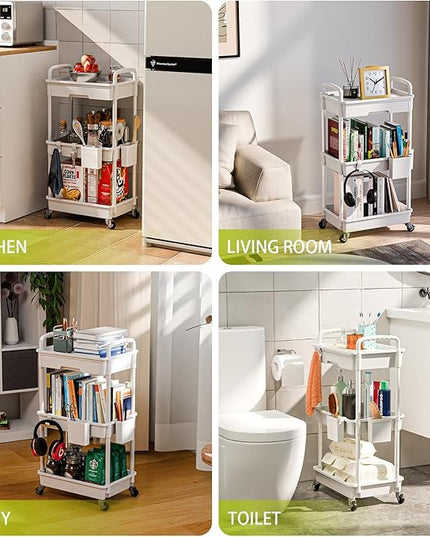3 Tier Small Rolling Cart Organizer,Laundry Room Bathroom Organizers and Storage Office Shelves Mobile Shelving Unit Kitchen Trolley Cart with Wheels for Art,Craft,Diaper,Bedside,Snack(White) - LeafyLoom