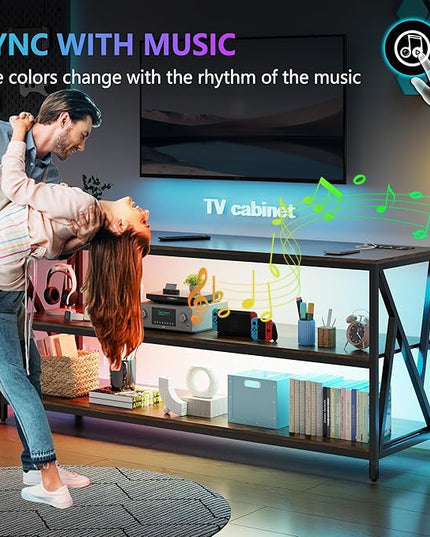 Lvifur LED TV Stand up to 70''Televisions, Farmhouse TV Console Table with RGB 24 Colors Dimmable, Industrial Entertainment Center with Human Body Sensor for Living Room Bedroom - LeafyLoom