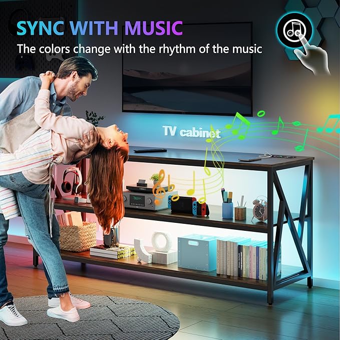 Lvifur LED TV Stand up to 70''Televisions, Farmhouse TV Console Table with RGB 24 Colors Dimmable, Industrial Entertainment Center with Human Body Sensor for Living Room Bedroom - LeafyLoom