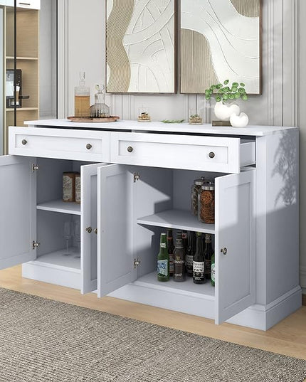 60" Sideboard Storage Buffet Cabinet with 2 Drawers,Wooden Console Table,W/ 4 Doors,Adjustable Shelves,Not Easy to Deform,for Dining Room/Kitchen/Entryway,White - LeafyLoom