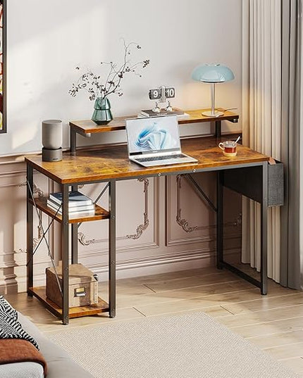 KKL 40 inch Small Computer Desk with Adjustable Monitor Stand, Home Office Desk & Workstation with Storage Shelves, Reversible Work Writing Study Table for Bedroom, Rustic Brown - LeafyLoom
