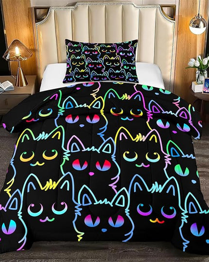 Cat Twin Bedding Set for Girls - Cute Cartoon Cat Comforter Set for Girls Bedroom Ultra Soft Cats Patterns Bedding Set with 1 Cat Quilt and 1 Pillowcase Kids Girls Room Decor, Twin Size - LeafyLoom