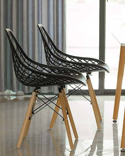 Mid-Century Modern Style Plastic DSW Shell Dining Chair with Lattice Back and Wooden Dowel Eiffel Legs, Black - LeafyLoom