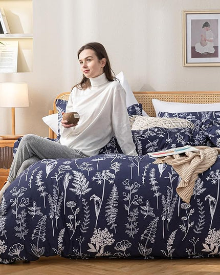 JANZAA Twin Comforter Set Navy Blue Comforter Set Floral Bedding Set Microfiber Comforter Set with Pillow Case for All Season Cozy and Comfortable 2 PCS(1 Comforter&1 Pillowcase) - LeafyLoom
