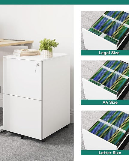 YITAHOME 2-Drawer Mobile File Cabinet with Lock, 18.9” Deep Office Filing Cabinet for Legal/Letter, Pre-Assembled Vertical Metal File Cabinet Except Wheels Under Desk White - LeafyLoom