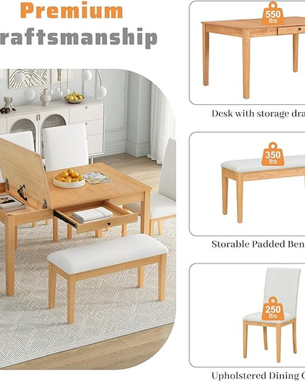 Dining Table Set for 6 with Drawer, Kitchen Table Set with Storage Table, Dining Room Table Set with Storable Bench and Upholstered Chairs for Living Room, Beige+Natural - LeafyLoom