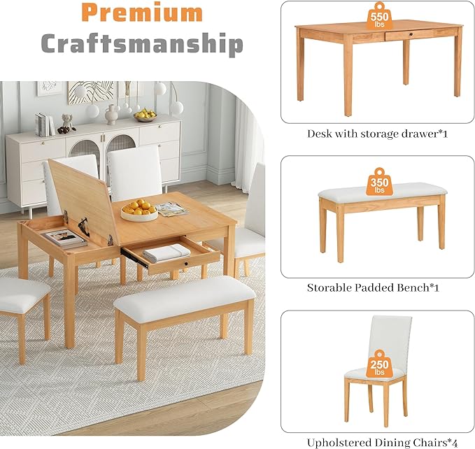 Dining Table Set for 6 with Drawer, Kitchen Table Set with Storage Table, Dining Room Table Set with Storable Bench and Upholstered Chairs for Living Room, Beige+Natural - LeafyLoom
