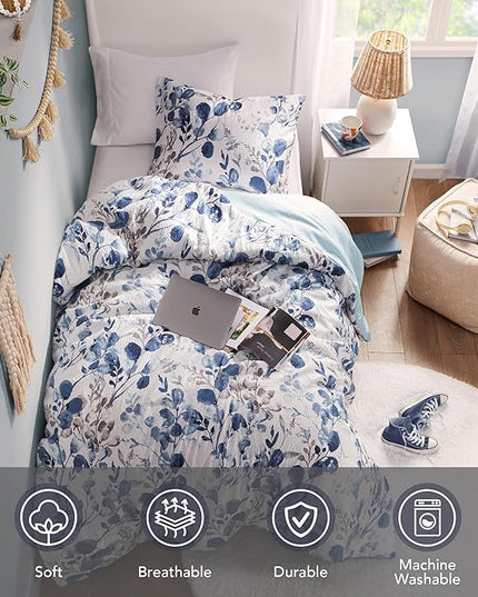 Codi Floral Twin Comforter Set for Teen Girls, Spring Lavender Bedding Sets with Soft Seersucker 2pcs - 1 Flower Comforters and 1 Pillows Case, Blue - LeafyLoom