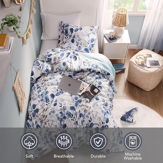 Codi Floral Twin Comforter Set for Teen Girls, Spring Lavender Bedding Sets with Soft Seersucker 2pcs - 1 Flower Comforters and 1 Pillows Case, Blue - LeafyLoom