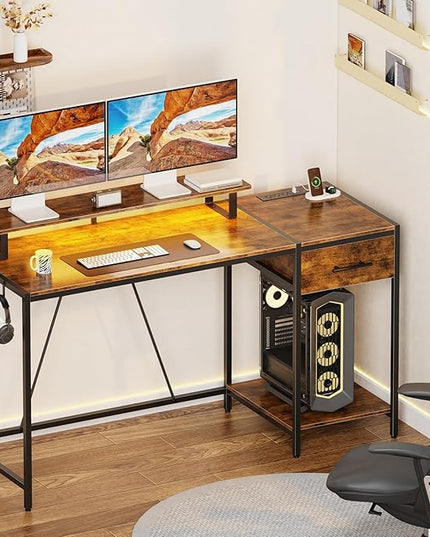 Computer Desk with Drawer and Power Outlets,55" Office Desk with Monitor Stand and Led Lights, Work Desk for Home Office,Sturdy Writing Desk with Shelves and 2 Headphone Hooks,Rustic Brown - LeafyLoom