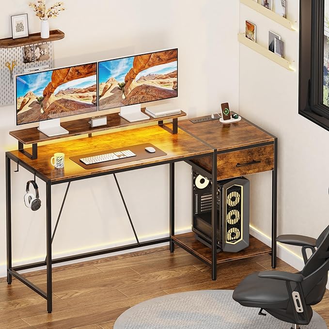 Computer Desk with Drawer and Power Outlets,55" Office Desk with Monitor Stand and Led Lights, Work Desk for Home Office,Sturdy Writing Desk with Shelves and 2 Headphone Hooks,Rustic Brown - LeafyLoom