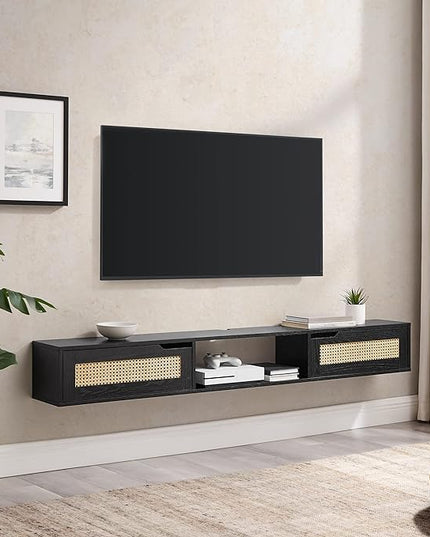 Walker Edison Modern Rattan Flip-Down-Door Wall-Mounted Floating Stand for TVs up to 80 Inches, 70 Inch, Black - LeafyLoom