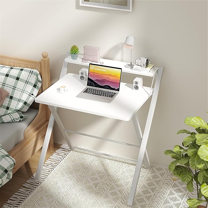 GreenForest Folding Desk No Assembly Required Small Size, 2-Tier Foldable Computer Desk with Shelf for Home Office, Space Saving Portable Laptop Study Foldable Table for Small Spaces, White - LeafyLoom