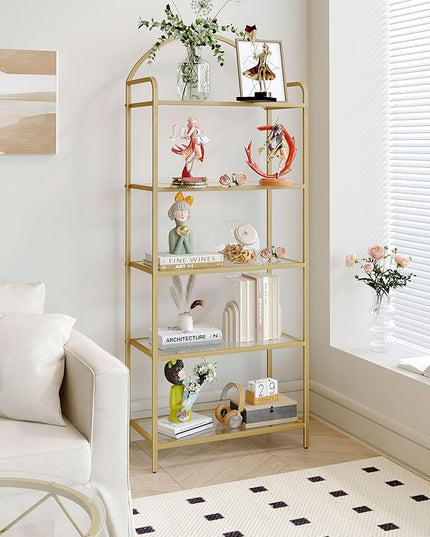 Bookcase Bookshelf, Tempered Glass Bookshelves, Slim Shelving Unit for Bedroom, Bathroom, Home Office, Steel Frame, 5 Tier Gold BC21599G - LeafyLoom