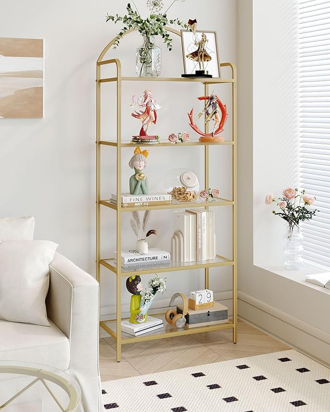 Bookcase Bookshelf, Tempered Glass Bookshelves, Slim Shelving Unit for Bedroom, Bathroom, Home Office, Steel Frame, 5 Tier Gold BC21599G - LeafyLoom