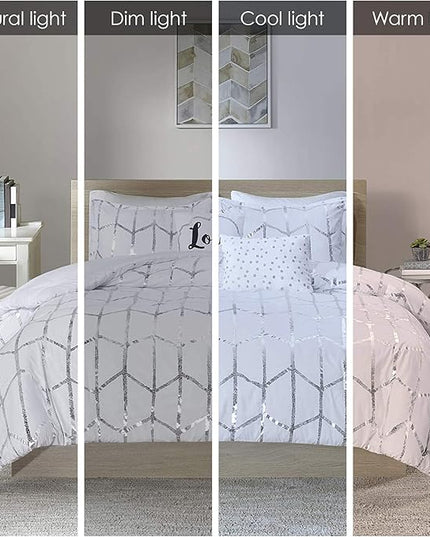 Intelligent Design Raina King / Cal King Comforter Set, Soft Microfiber Comforter Set King, Modern Geometric Metallic Bed Set, 5 Pieces College Bedding Comforter Set with 2 Shams, 2 Toss Pillows White - LeafyLoom