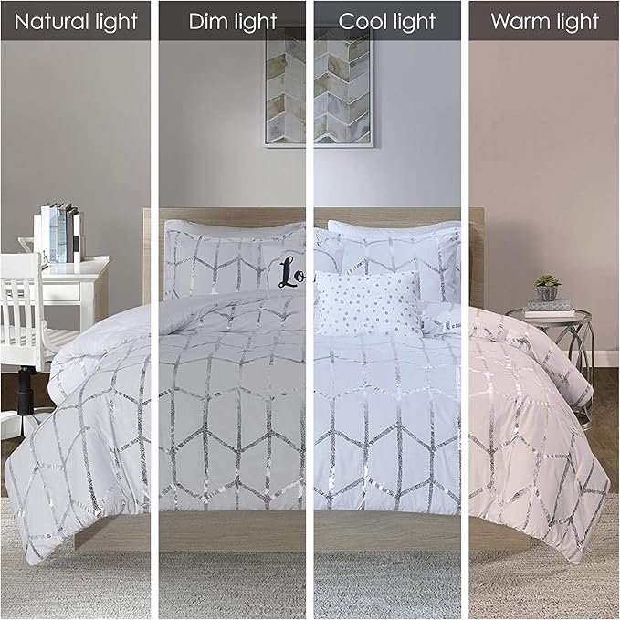 Intelligent Design Raina King / Cal King Comforter Set, Soft Microfiber Comforter Set King, Modern Geometric Metallic Bed Set, 5 Pieces College Bedding Comforter Set with 2 Shams, 2 Toss Pillows White - LeafyLoom