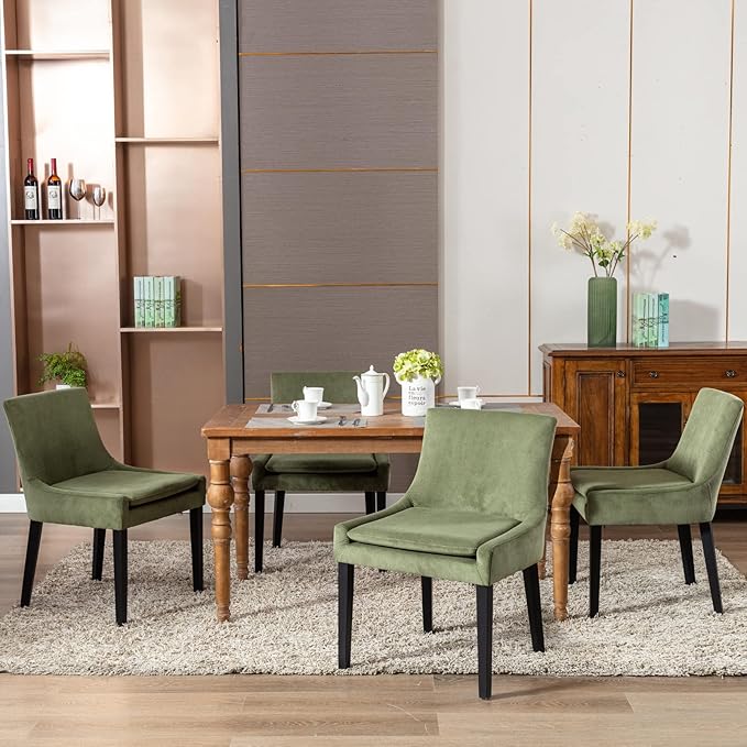 COLAMY Modern Dining Chairs Set of 6, Upholstered Corduroy Accent Side Chairs with Mid Back and Wood Legs for Living Room/Dining Room- Light Green - LeafyLoom