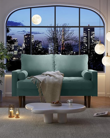 Velvet Furniture for Small Spaces, Mid-Century Modern Loveseats for Living Room, Love Seat Couch Sofas, 58 Inches, Aqua Turquoise - LeafyLoom