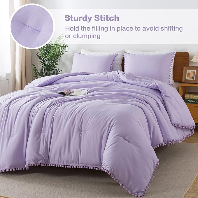Litanika Comforter Full Size Set Lavender Purple,3 Pieces Lavender Purple Boho Pom Pom Lightweight Bed Comforter Full,All Season Soft Bedding Comforter Sets (1 Comforter 79x90 Inch, 2 Pillowcases) - LeafyLoom