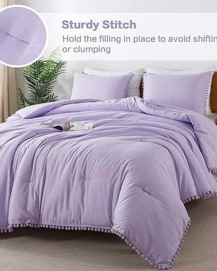 Litanika Queen Size Comforter Set Lavender Purple,3 Pieces Lavender Purple Boho Pom Pom Lightweight Bed Comforter, All Season Soft Bedding Comforter Sets (1 Comforter 90x90 Inch, 2 Pillowcases) - LeafyLoom
