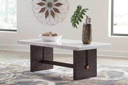 Signature Design by Ashley Burkhaus Traditional Rectangular Coffee Table with Marble Tabletop, Dark Brown & White - LeafyLoom