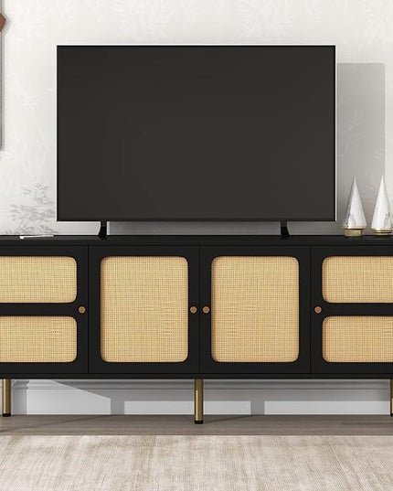 NicBex TV Stand for 70 Inch TV Modern TV Media Console Table with Rattan Door and Gold Metal Base,Entertainment Center with Storage for Living Room,64.9 Inch,Black - LeafyLoom