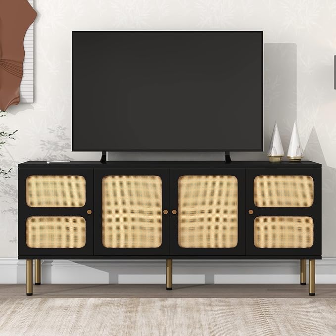 NicBex TV Stand for 70 Inch TV Modern TV Media Console Table with Rattan Door and Gold Metal Base,Entertainment Center with Storage for Living Room,64.9 Inch,Black - LeafyLoom