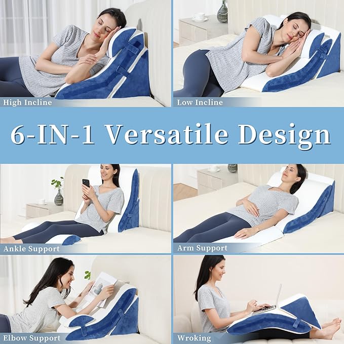 Bed Wedge Pillow for Sleeping 3PCS, 20-in-1 Adjustable Memory Foam Wedge Pillow for Acid Reflux, 3-in-1 Incline Pillow Wedge for After Surgery, Snoring, Back Pain(Navy) - LeafyLoom