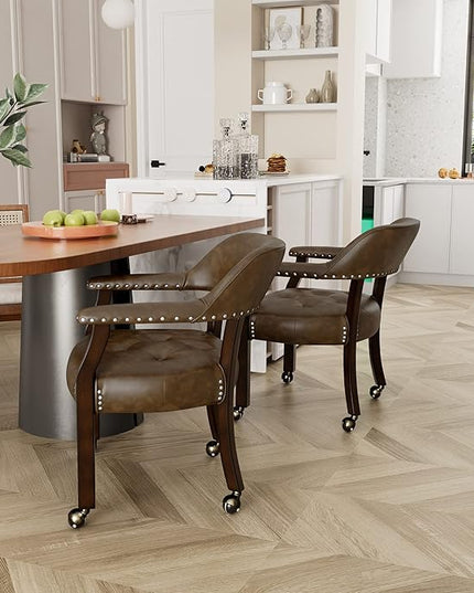 Large Dining Chairs with Casters and Arms, Rolling Dining Chairs with Wheels, Game Poker Table Chairs, Boss Caption's Chairs, 26"D x 25.2"W x 31.5"H, Espresso Legs & Choalate PU, XXY-1910-BN - LeafyLoom