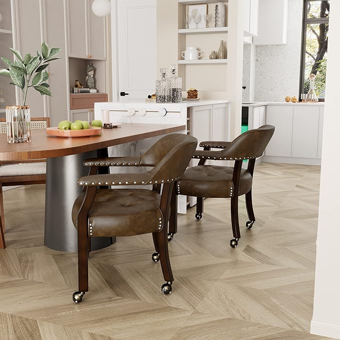 Large Dining Chairs with Casters and Arms, Rolling Dining Chairs with Wheels, Game Poker Table Chairs, Boss Caption's Chairs, 26"D x 25.2"W x 31.5"H, Espresso Legs & Choalate PU, XXY-1910-BN - LeafyLoom
