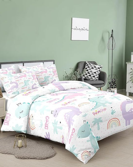 NINENINE Girls Comforter Sets Full,Dinosaur Bedding Sets Full Size,Comforter Sets for Girls,Princess Bedding Set Cute Bed Sets with Pillowcases - LeafyLoom