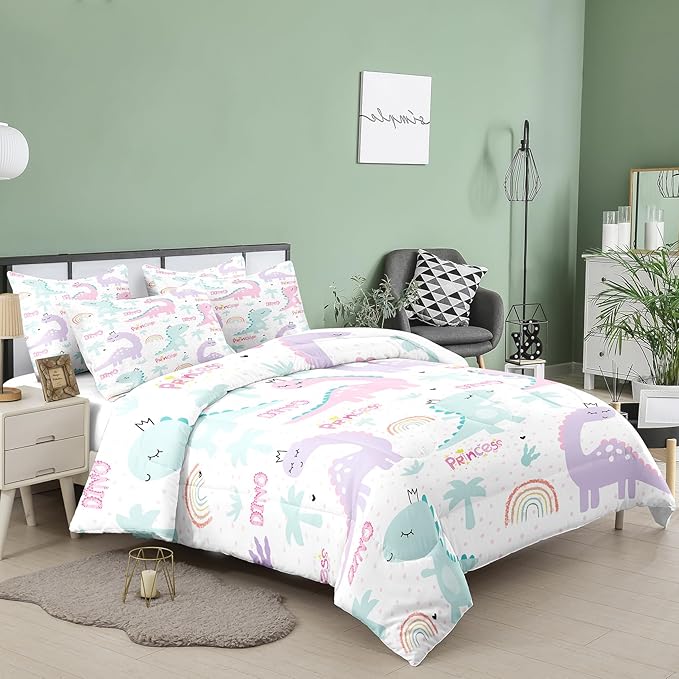 NINENINE Girls Queen Comforter Set,Dinosaur Comforter Sets for Boys Kids,Girls Queen Bedding Colorful Rainbow Little Dino Princess Bed Sets with 1 Comforter&2 Pillowcases - LeafyLoom