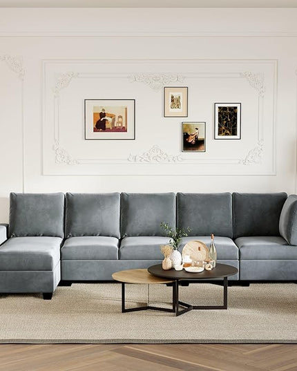 138" Convertible Sofa Velvet U Shaped Couch with Reversible Modular Sectional Sofa&Couch 6 Seater with Chaise Lounge,Freely Combinable Indoor Furniture for Living Room, Apartment, Grey-A - LeafyLoom