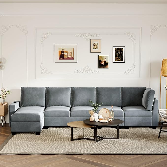 138" Convertible Sofa Velvet U Shaped Couch with Reversible Modular Sectional Sofa&Couch 6 Seater with Chaise Lounge,Freely Combinable Indoor Furniture for Living Room, Apartment, Grey-A - LeafyLoom