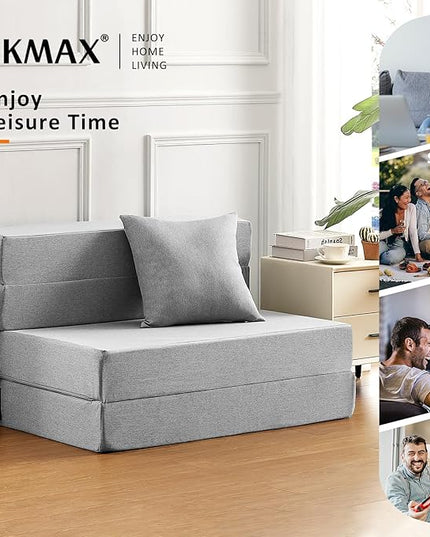 Twin Size Folding Sofa Bed - 4 in 1 Futon Couch with Pillow - High Density Memory Foam Futon Chair- Sofa cama twin with Washable Modern Linen Cover for Living Room (Light Grey) - LeafyLoom