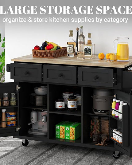 Kitchen Island with Drop Leaf and Storage 53in Rolling Kitchen Island On Wheels Black Large Mobile Kitchen Island Cart with Drawers Cabinet Spice Rack Towel Rack Storage for Kitchen - LeafyLoom