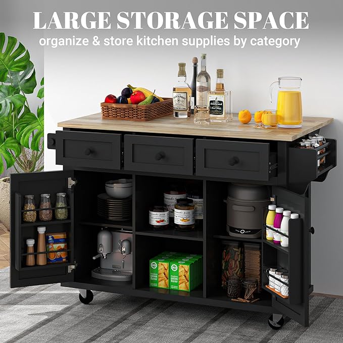 Kitchen Island with Drop Leaf and Storage 53in Rolling Kitchen Island On Wheels Black Large Mobile Kitchen Island Cart with Drawers Cabinet Spice Rack Towel Rack Storage for Kitchen - LeafyLoom