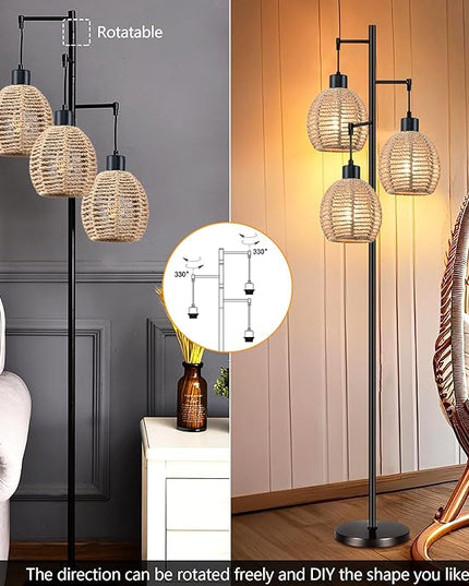Rattan Floor Lamp for Living Room,Bedroom,Tree 3 Lights Boho Floor Lights Industrial Black Farmhouse Wicker Standing Lamp Rustic Tall Lamp,Woven Bamboo Lamp Shade Floor Lamps Bohemian - LeafyLoom