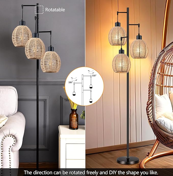 Rattan Floor Lamp for Living Room,Bedroom,Tree 3 Lights Boho Floor Lights Industrial Black Farmhouse Wicker Standing Lamp Rustic Tall Lamp,Woven Bamboo Lamp Shade Floor Lamps Bohemian - LeafyLoom