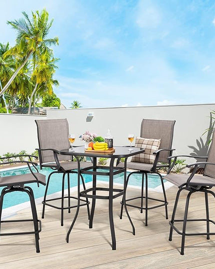 Shintenchi 5 Pieces Outdoor Swivel Bar Set, All Weather Textile Fabric Patio High Bar Stool Bistro Set with 4 Height Back Bar Chairs and Glass Table for Home, Backyard, Garden, Lawn, Porch - LeafyLoom