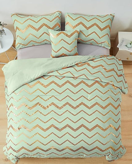 Sage Green/Gold Comforter Set Queen, Metallic Print Glitter Bedding Set Cute Shinny Bed Sets for Teen Girls Kids Women, 4 Piece (2 Pillowcases, 1 Decorative Pillow Sham) - LeafyLoom