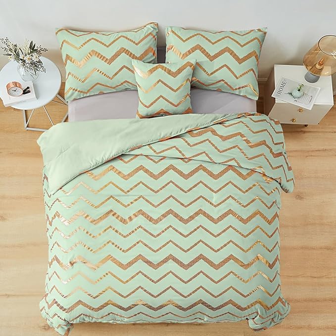 Sage Green/Gold Comforter Set Queen, Metallic Print Glitter Bedding Set Cute Shinny Bed Sets for Teen Girls Kids Women, 4 Piece (2 Pillowcases, 1 Decorative Pillow Sham) - LeafyLoom