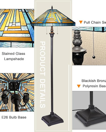 Capulina Tiffany Floor Lamp 2-Light 16X16X63 Inches Blue Amber Mission Antique Style Stained Glass Standing Reading Light for Living Room Bedroom Home Office - LeafyLoom
